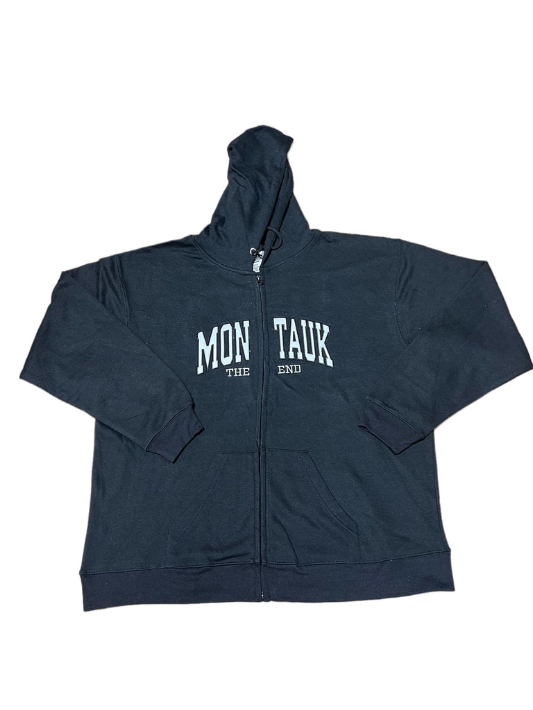 Adult Unisex Zippered Hoodie with Embroidered Montauk The End in Black