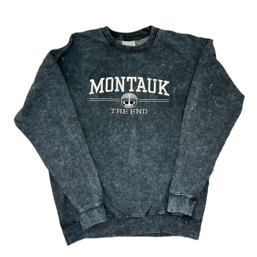 Adult Unisex Crewneck Pullover with Embroidered Montauk The End and Anchor in Denim Black