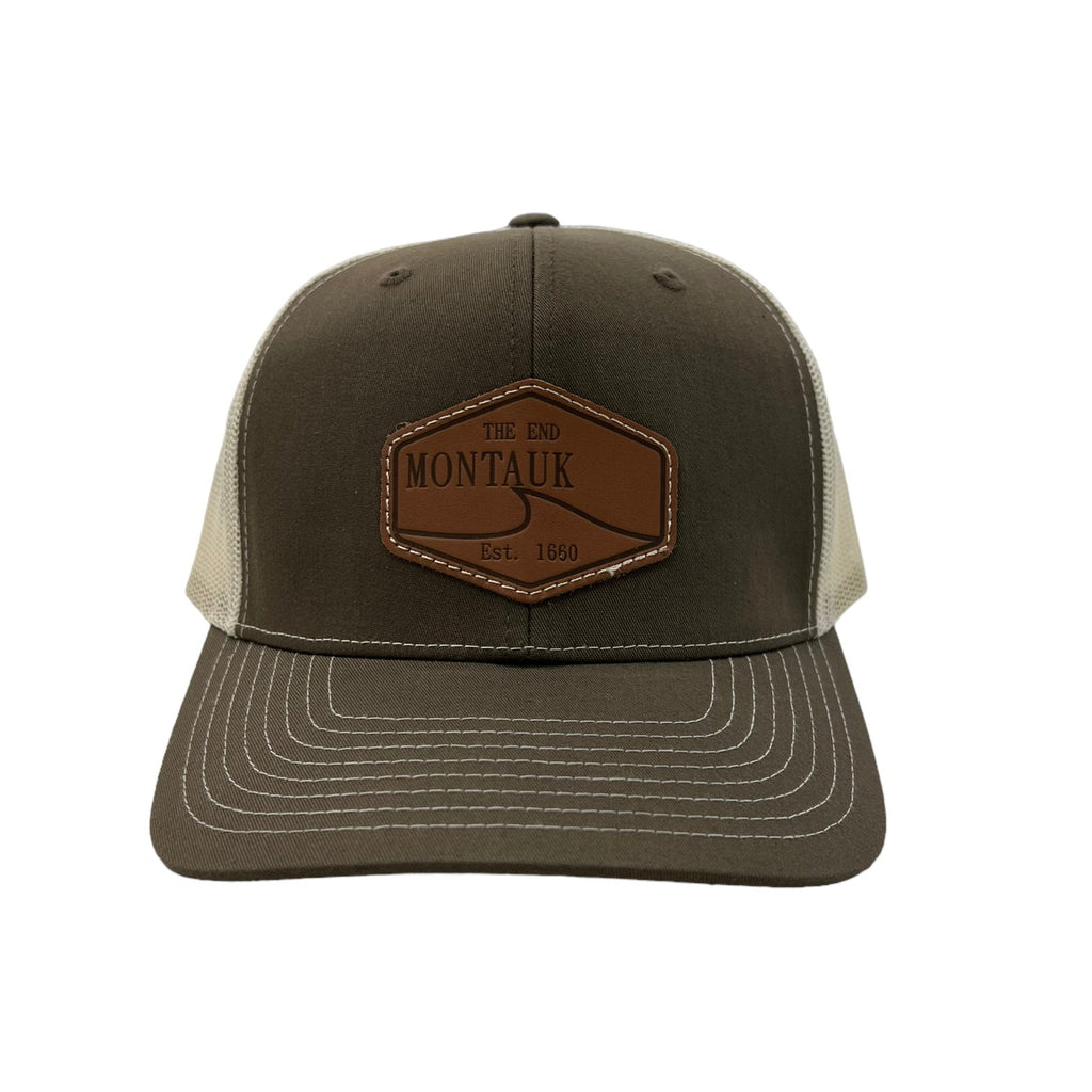 Montauk Surf and Sports The End Wave Patch Logo Leather Ostrich Style Hat in Brown
