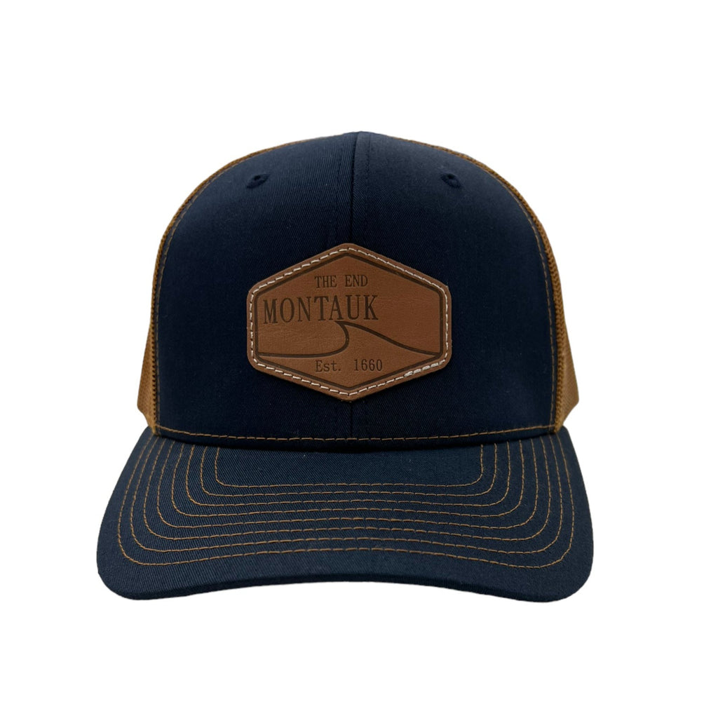 Montauk Surf and Sports The End Wave Patch Logo Leather Ostrich Style Hat in Blue and Brown