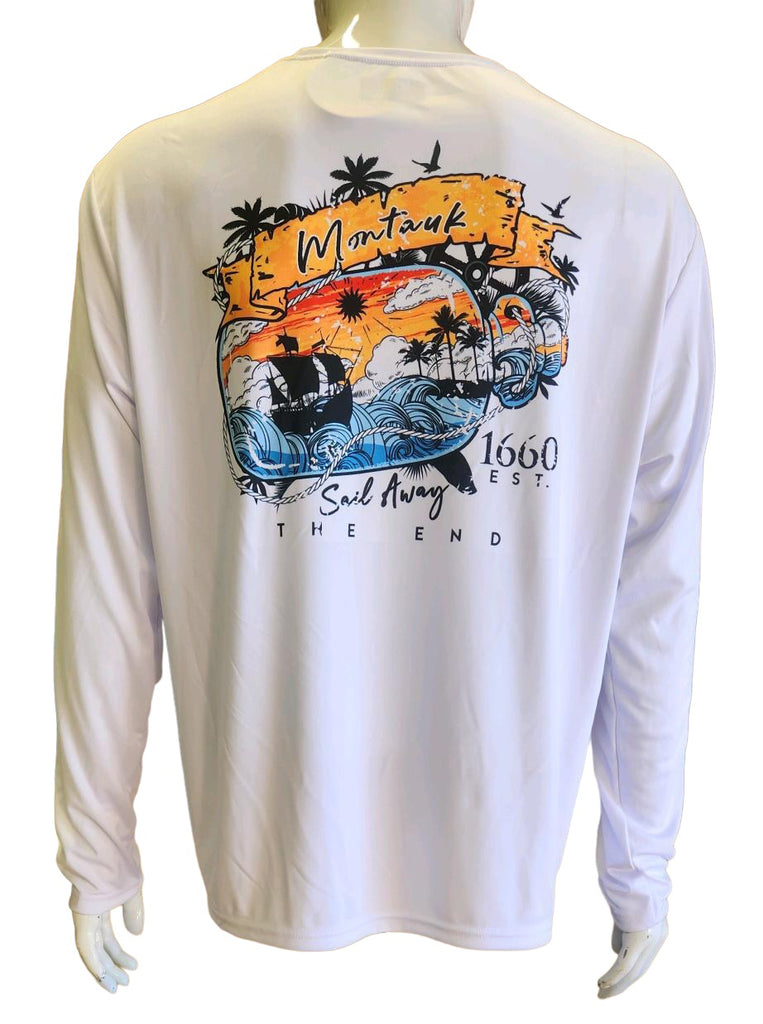 Unisex Adult Montauk The End Sail Away Est 1660 DriFit UV50 Long Sleeve Tee