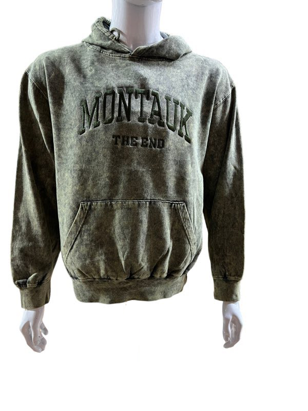 Adult Embroidered Montauk The End Acid Wash Hooded Pullover