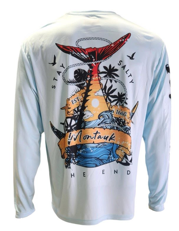 Unisex Adult Montauk The End Stay Salty Fish Tail Est 1660 DriFit UV50 Long Sleeve Tee