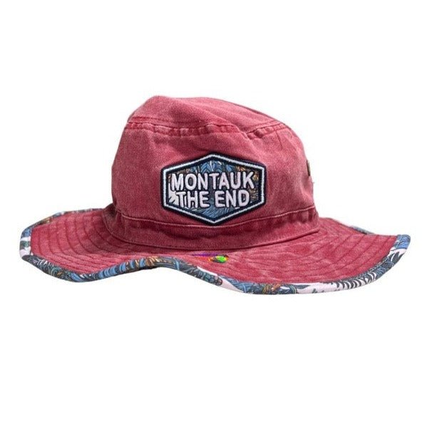 Montauk The End Embroidered Bucket Hat in Denim Red