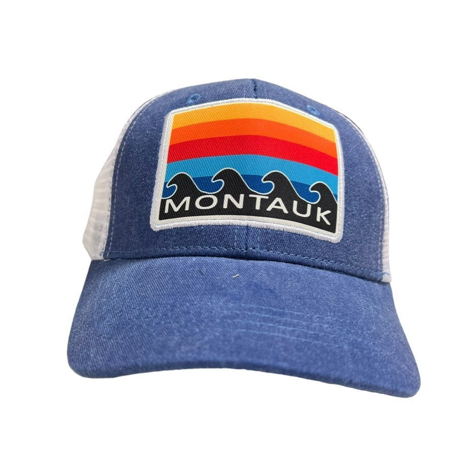 Youth Montauk Sunset Wave Patch Style Trucker Hat in Denim Blue