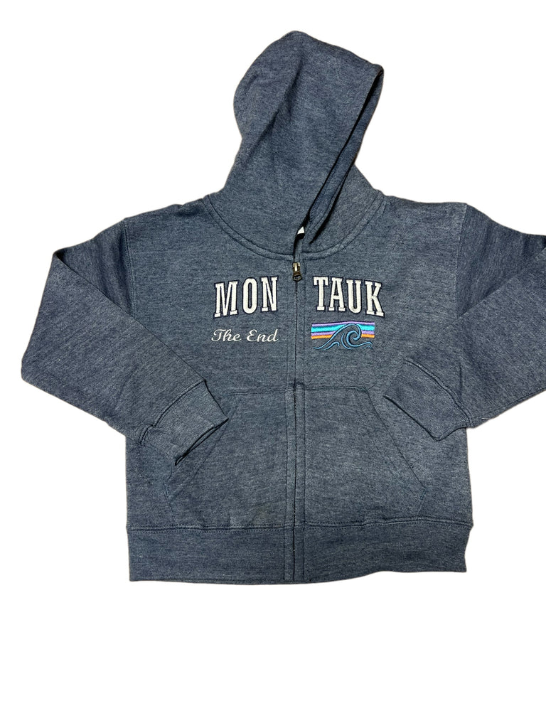 Youth Zippered Hoodie with Embroidered Montauk The End Wave in Denim Blue