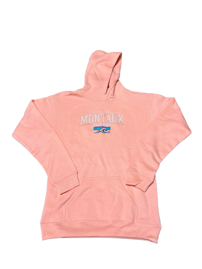 Youth Pullover Hoodie with Embroidered Montauk The End Wave in Coral