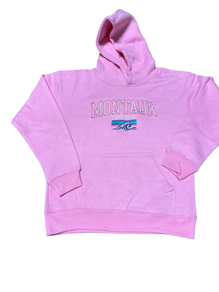 Youth Pullover Hoodie with Embroidered Montauk The End Wave in Lilac