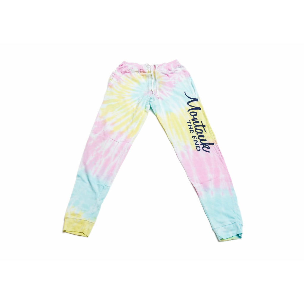 Women's Montauk The End Screen Printed Sweatpants in Tie Dye Swirl.