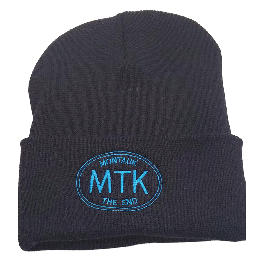 Embroidered MTK Montauk The End Beanie in Black with Blue