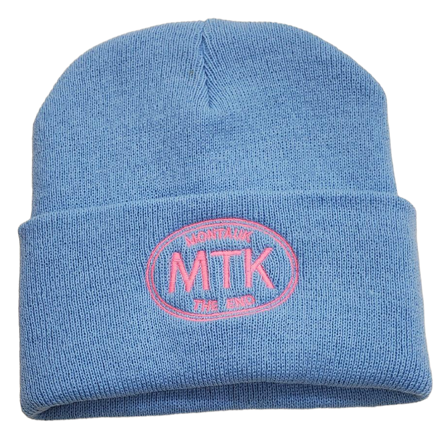Embroidered MTK Montauk The End Beanie in Light Blue with Pink