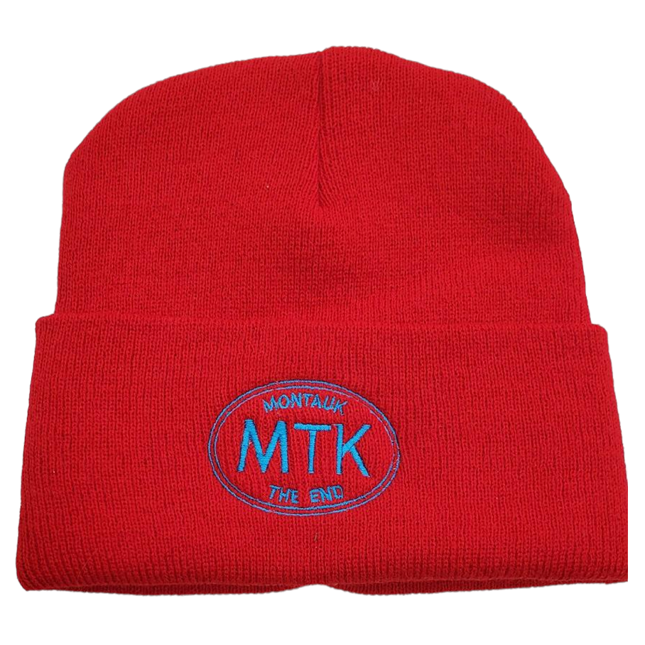 Embroidered MTK Montauk The End Beanie in Red with Blue