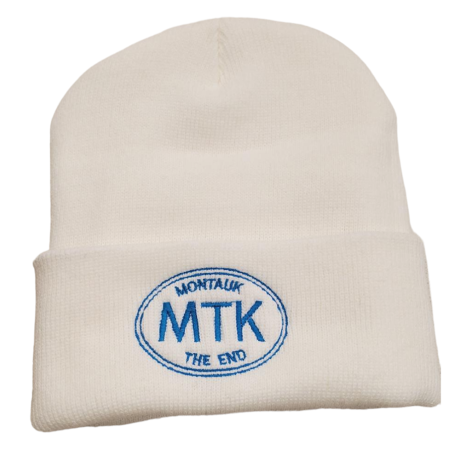 Embroidered MTK Montauk The End Beanie in White with Blue