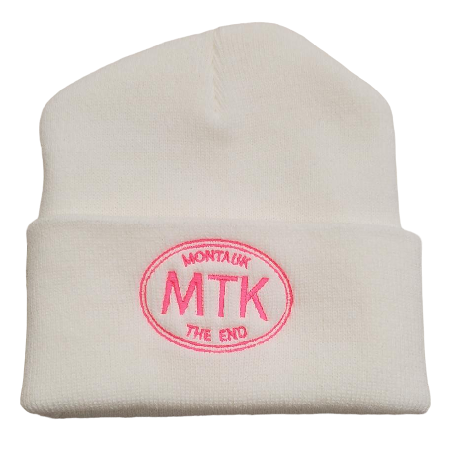 Embroidered MTK Montauk The End Beanie in White with Pink