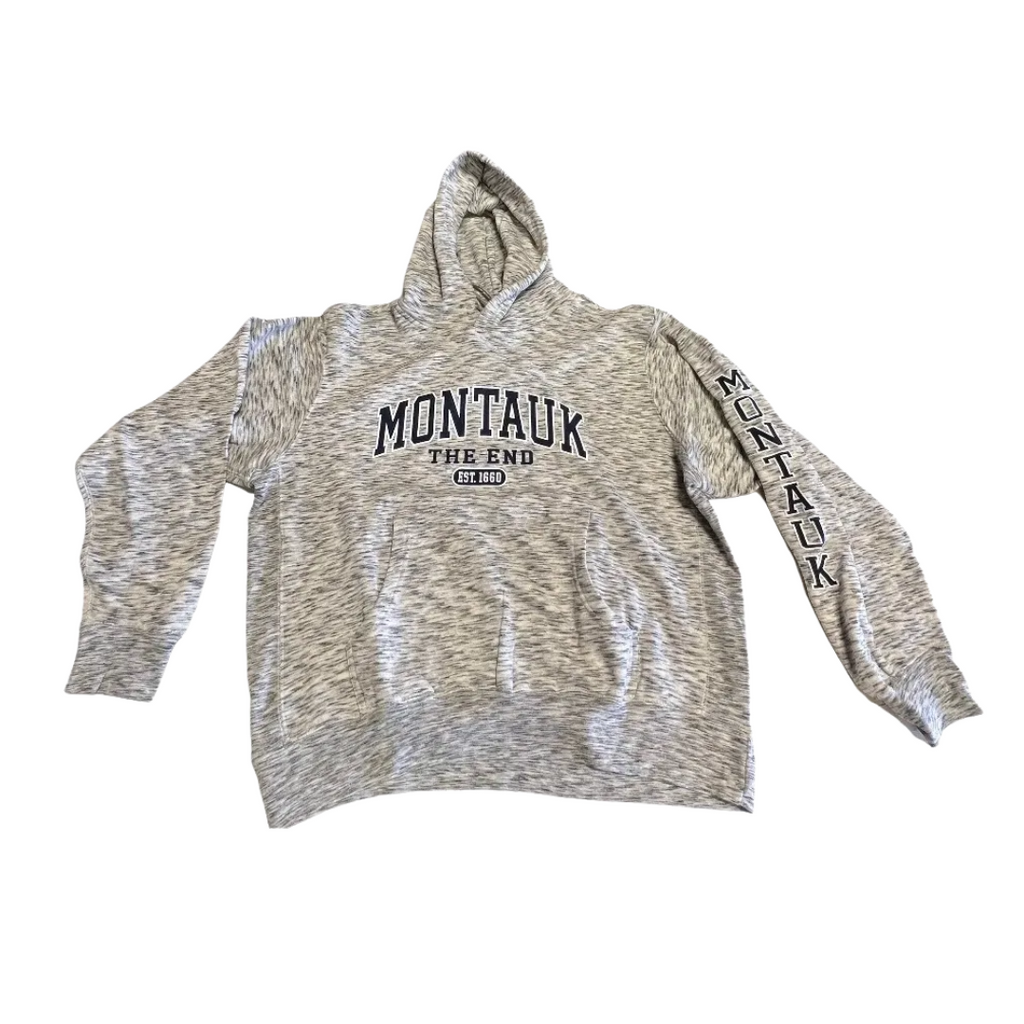 Adult Montauk The End Est 1660 MV Sport Pullover Hoodie with MONTAUK on Sleeve in Heather Black/Grey