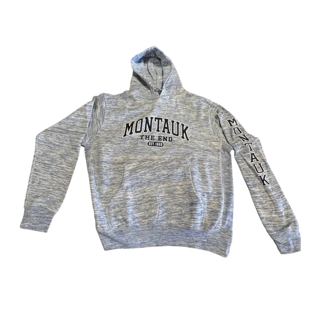 Adult Montauk The End Est 1660 MV Sport Pullover Hoodie with MONTAUK on Sleeve in Heather Navy