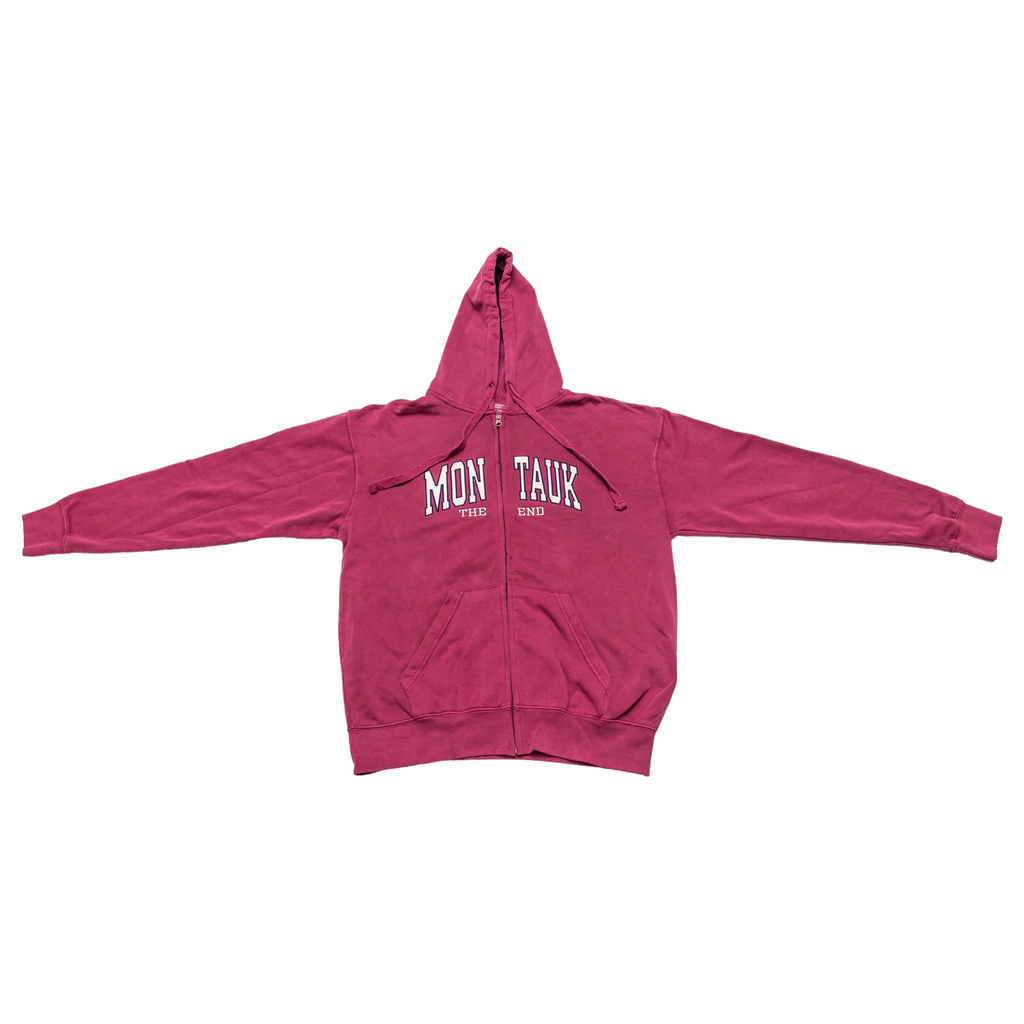 Adult Montauk The End Embroidered Traditional Zip-Up Hoodie in Raspberry.