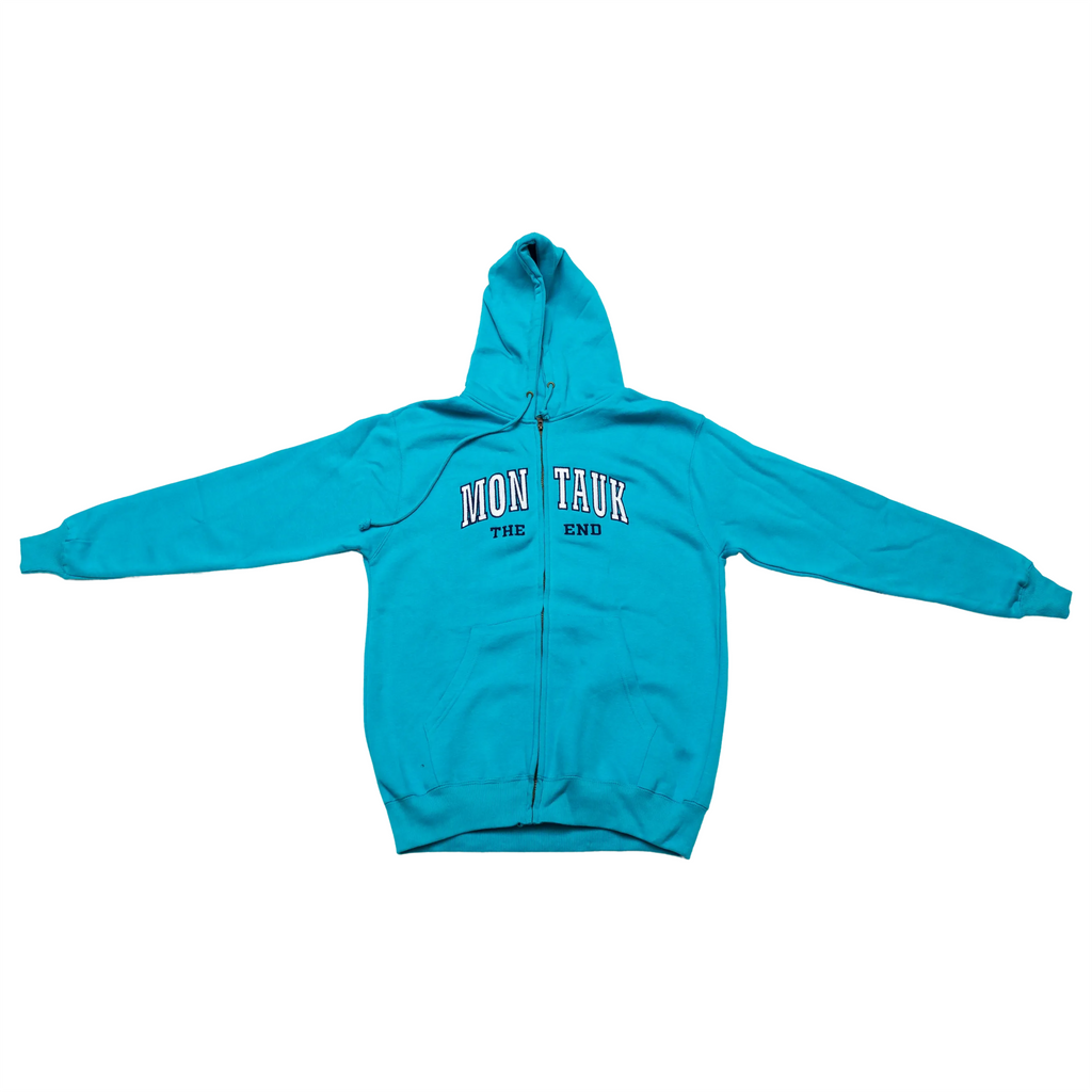 Adult Montauk The End Embroidered Traditional Zip-Up Hoodie in Teal.