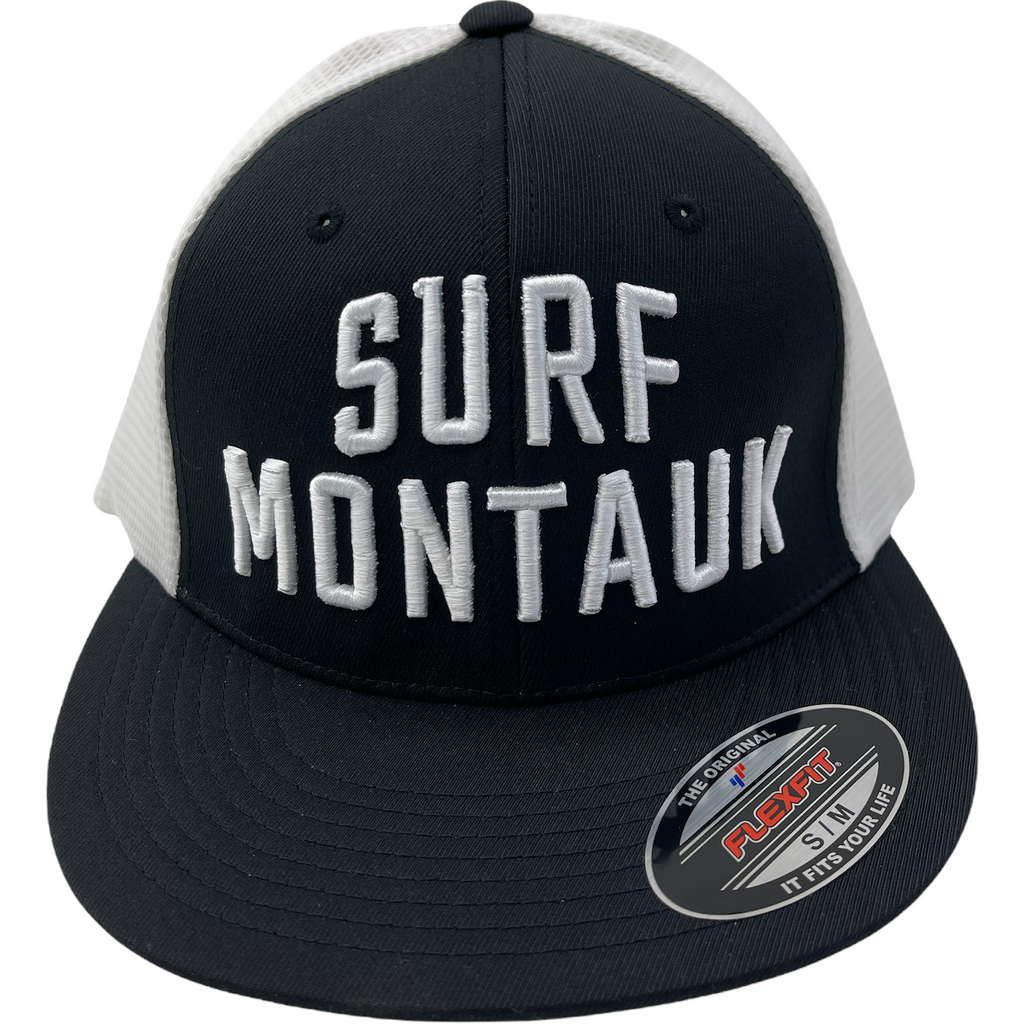 Surf Montauk Embroidered Trucker Hat in Black and White