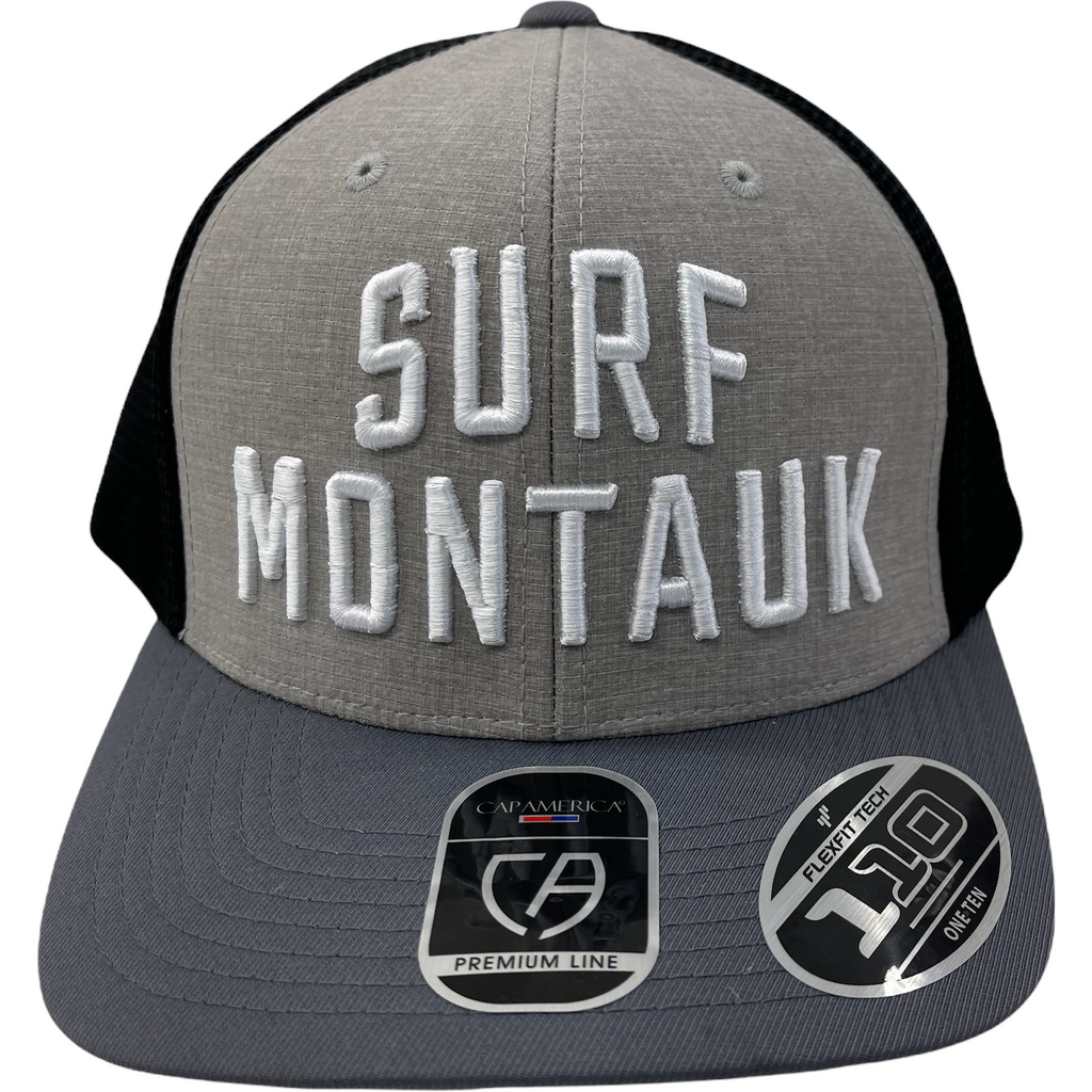 Surf Montauk Embroidered Trucker Hat in Black and Grey