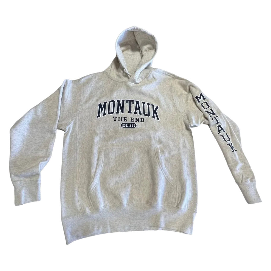 Adult Montauk The End Est 1660 ProWeave MV Sport Pullover Hoodie with "MONTAUK" on the Sleeve in Grey