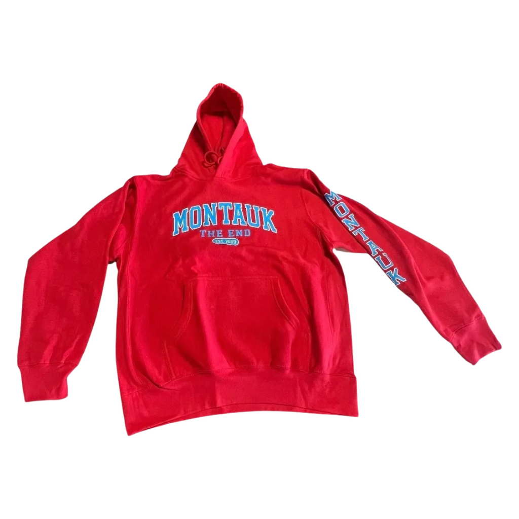 Adult Montauk The End Est 1660 ProWeave MV Sport Pullover Hoodie with "MONTAUK" on the Sleeve in Red