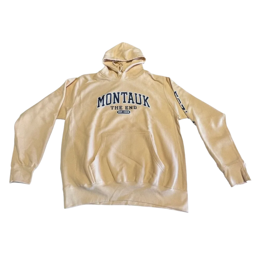 Adult Montauk The End Est 1660 ProWeave MV Sport Pullover Hoodie with "MONTAUK" on the Sleeve in Mustard