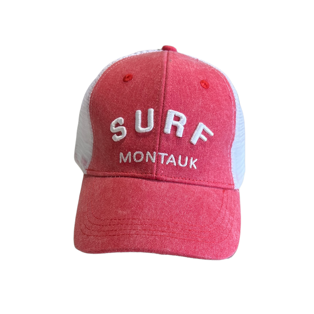 Surf Montauk Embroidered Trucker Hat in Distressed Red