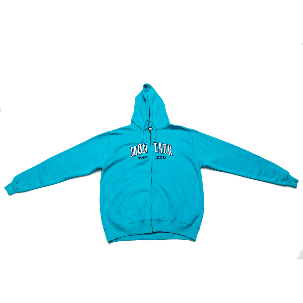 Adult Montauk The End Embroidered Traditional Zip-Up Hoodie in Aqua