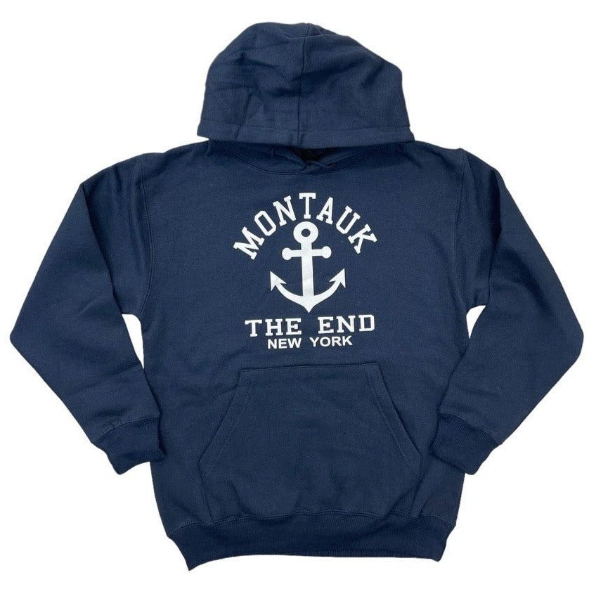 Adult Unisex Hooded Pullover with Screen Printed Montauk The End New York Anchor in Navy