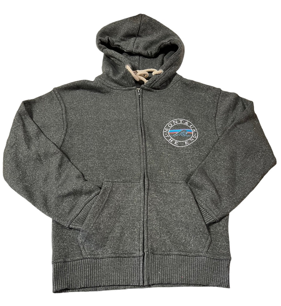 Adult Montauk The End Wave Embroidered Nantucket Zip-Up Hoodie in Charcoal
