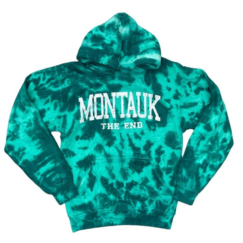 Adult Montauk The End Screen Printed Pullover Hoodie in Green Tie Dye