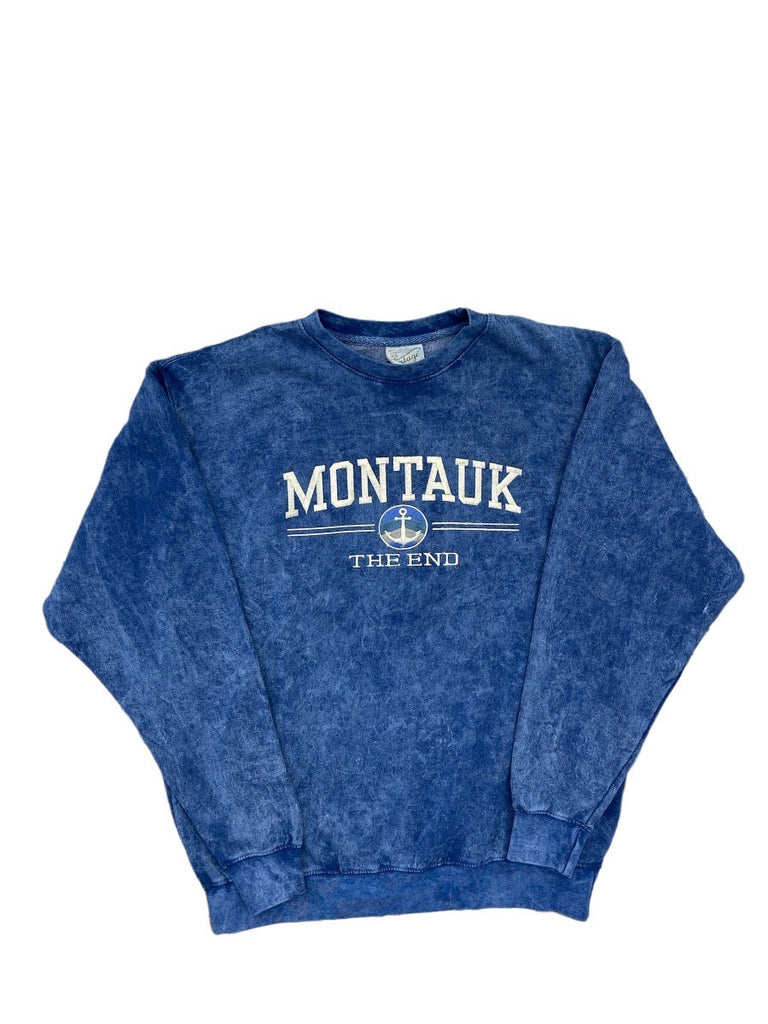 Adult Unisex Crewneck Pullover with Embroidered Montauk The End and Anchor in Denim Blue