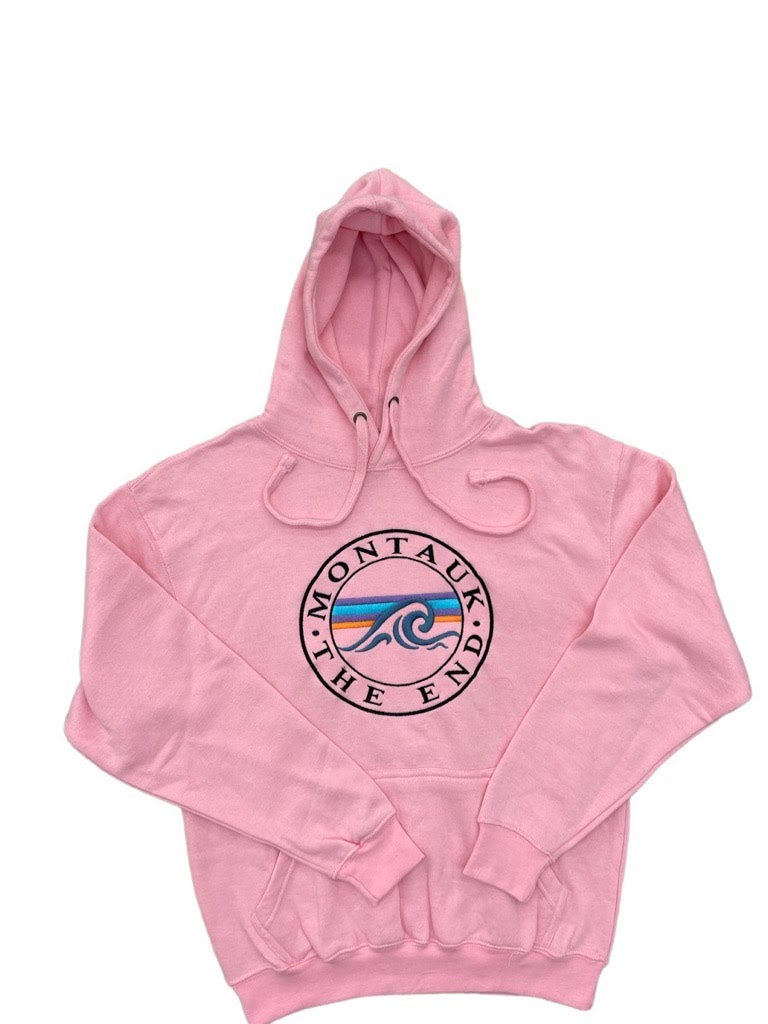Adult Unisex Hooded Pullover with Embroidered Montauk The End Wave in Pink