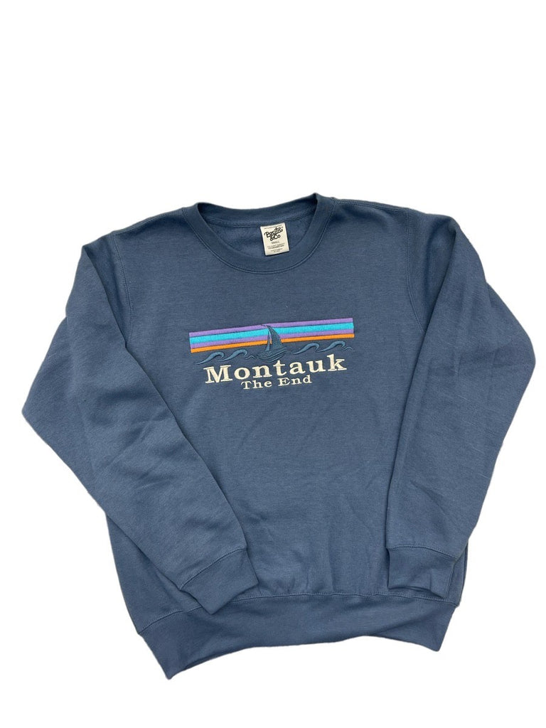 Adult Unisex Crewneck Pullover with Embroidered Montauk The End with Ship in Navy