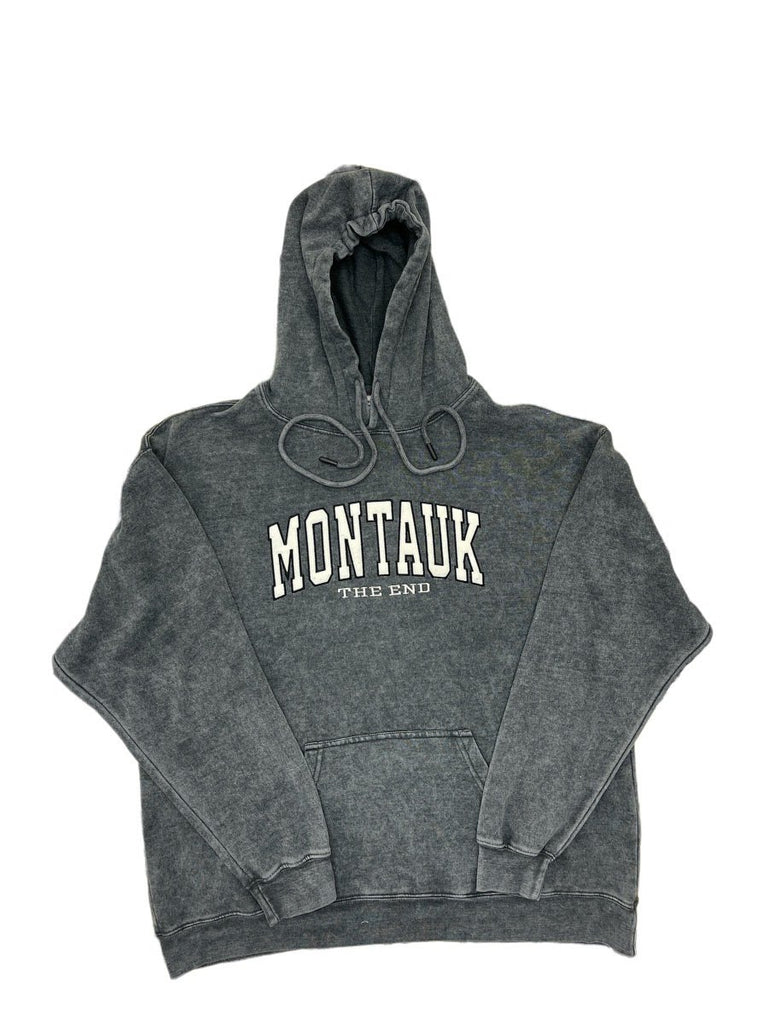 Adult Unisex Hooded Pullover with Embroidered Montauk The End in Denim Black
