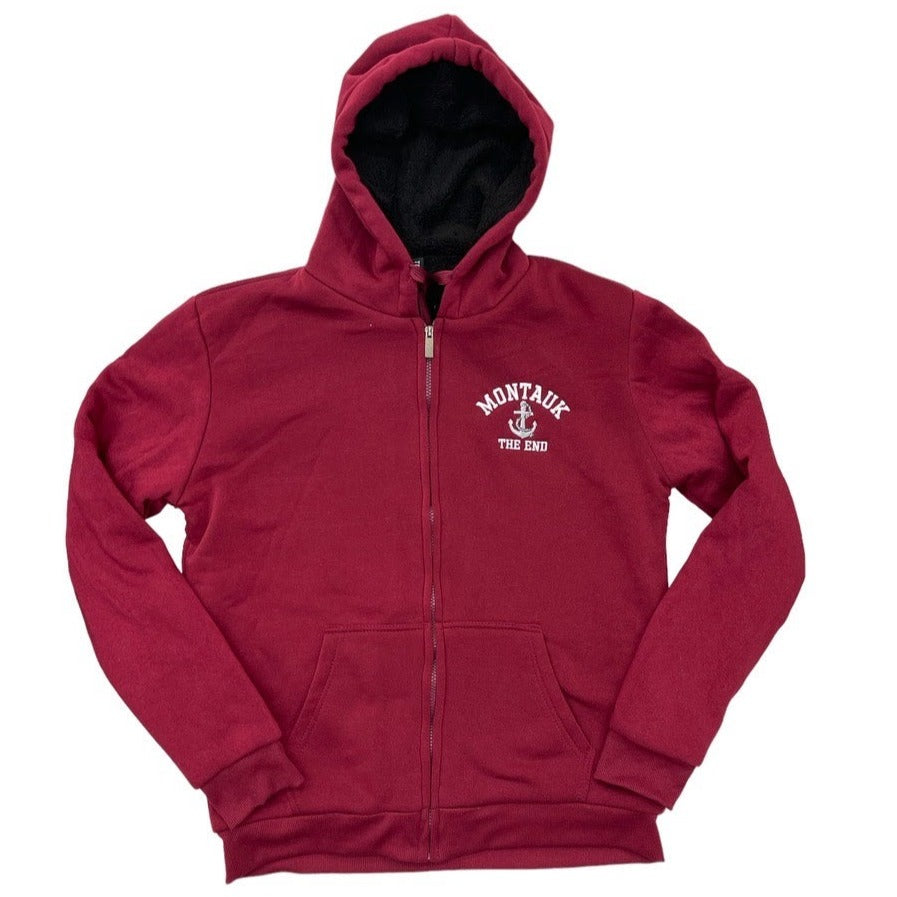 Adult Embroidered Montauk The End Anchor Logo Full Zip-Up Sherpa-Lined Hoodie in Red