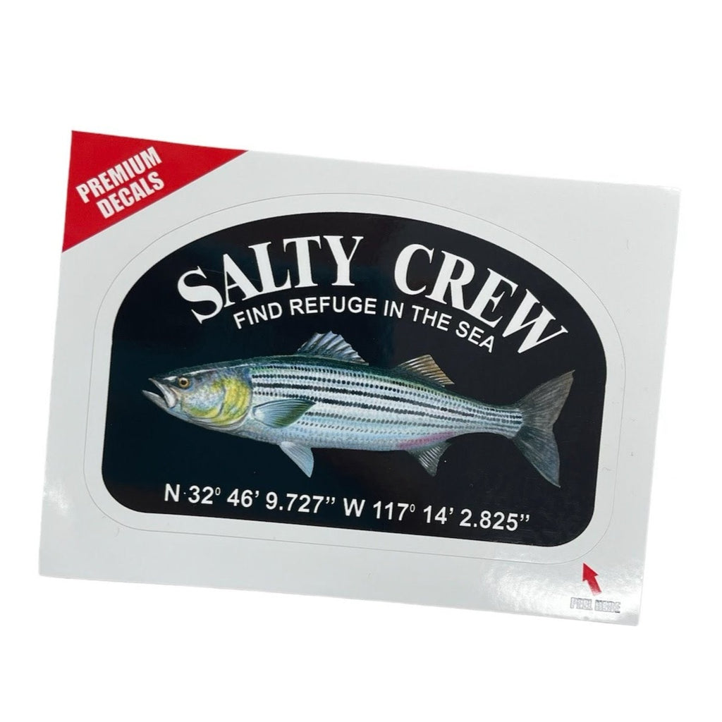 Salty Crew Find Refuge in the Sea Striped Bass Lat-Long Sticker