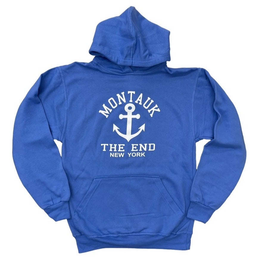 Adult Unisex Hooded Pullover with Screen Printed Montauk The End New York Anchor in Blue