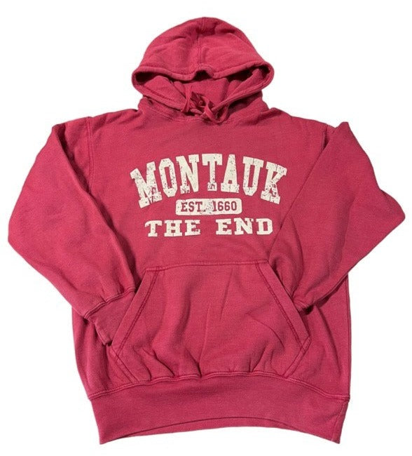 Adult Weathered Montauk The End Est. 1660 Destinations Pullover Hoodie in Tomato