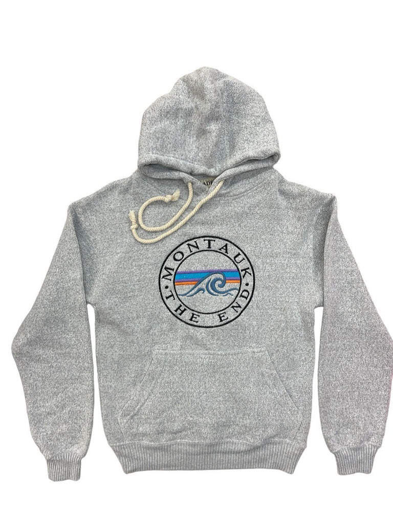 Adult Montauk The End Wave Embroidered Nantucket Pullover Hoodie in Oxford Grey
