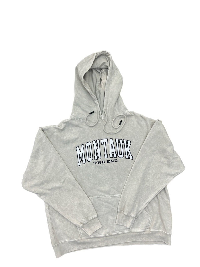 Adult Unisex Hooded Pullover with Embroidered Montauk The End in Denim Gray