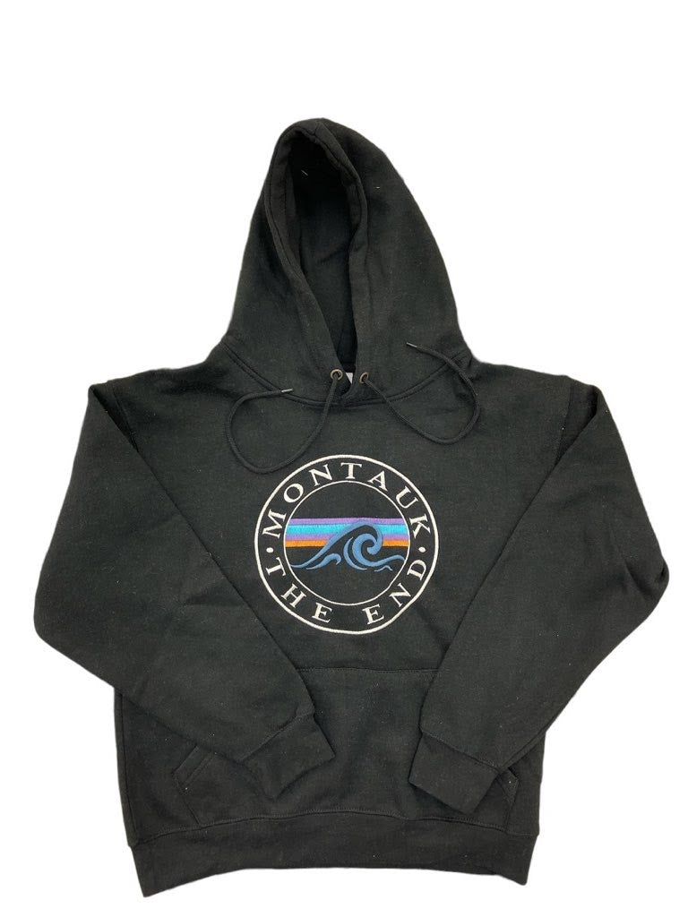 Adult Unisex Hooded Pullover with Embroidered Montauk The End Wave in Black