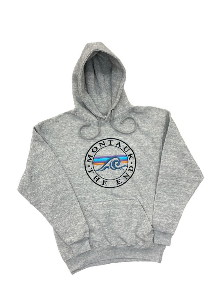 Adult Unisex Hooded Pullover with Embroidered Montauk The End Wave in Gray