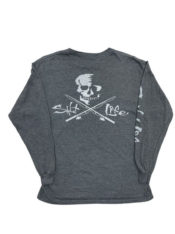 Salt Life Skull and Fishing Rods Graphic L/S Tee in Grey
