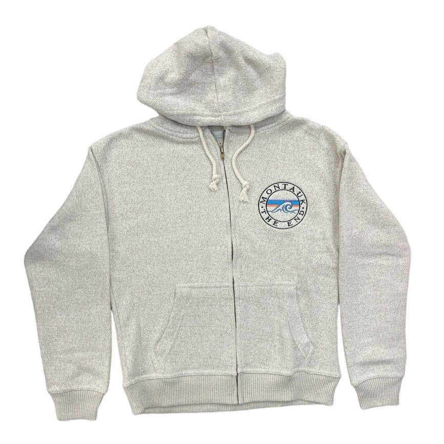 Adult Montauk The End Wave Embroidered Nantucket Zip-Up Hoodie in Light Grey