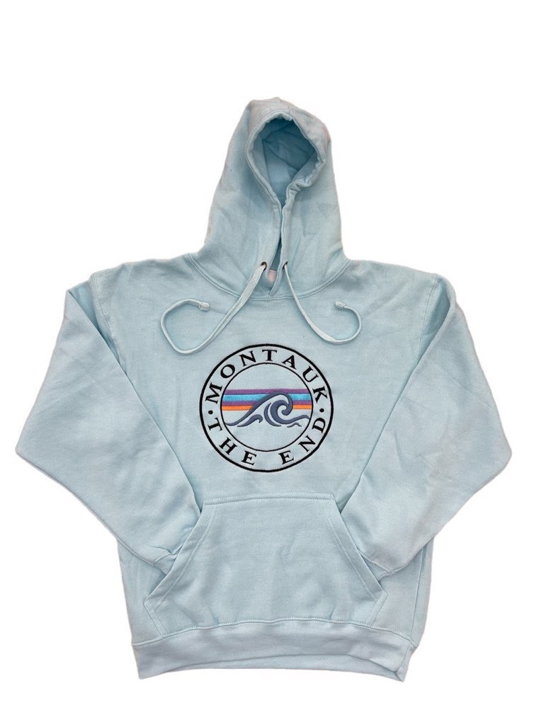 Adult Unisex Hooded Pullover with Embroidered Montauk The End Wave in Light Blue