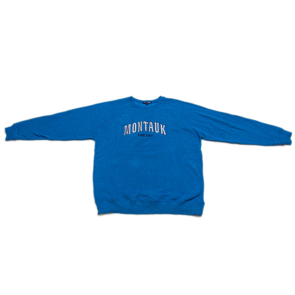 Adult Montauk The End Embroidered Nantucket Crewneck in Caribbean Blue.