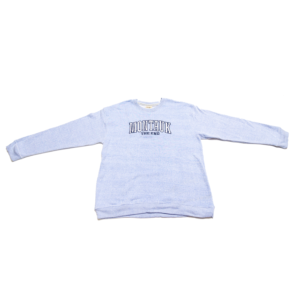 Adult Montauk The End Embroidered Nantucket Crewneck in Heather Blue.