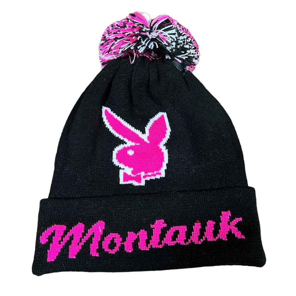 Montauk Playboy Beanie with PomPom in Black with Pink